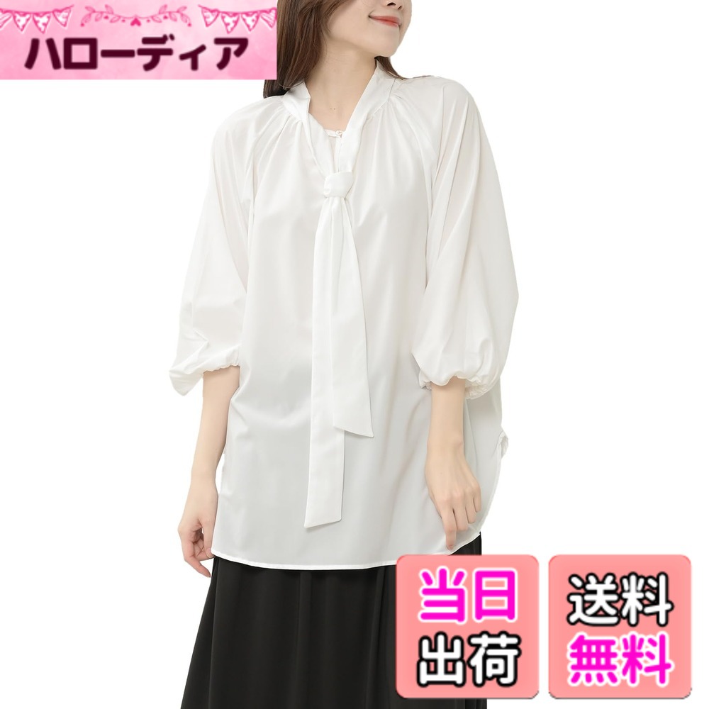 【送料無料】[JANJAM] 大きいサイズ レディース ボウタイブラウス 7分袖 前後2way リボン シャツ トップス 色：オフホワイト、サイズ：3L