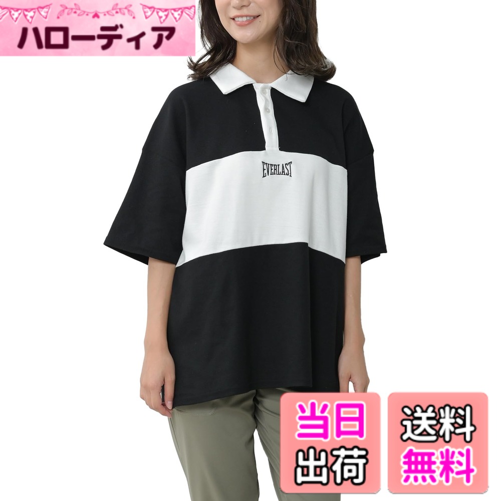 【送料無料】[JANJAM] 大きいサイズ レディース ラガーシャツ 5分袖 バイカラー切り替え 刺繍ロゴ トップス 色：ブラック、サイズ：3L 5,948円