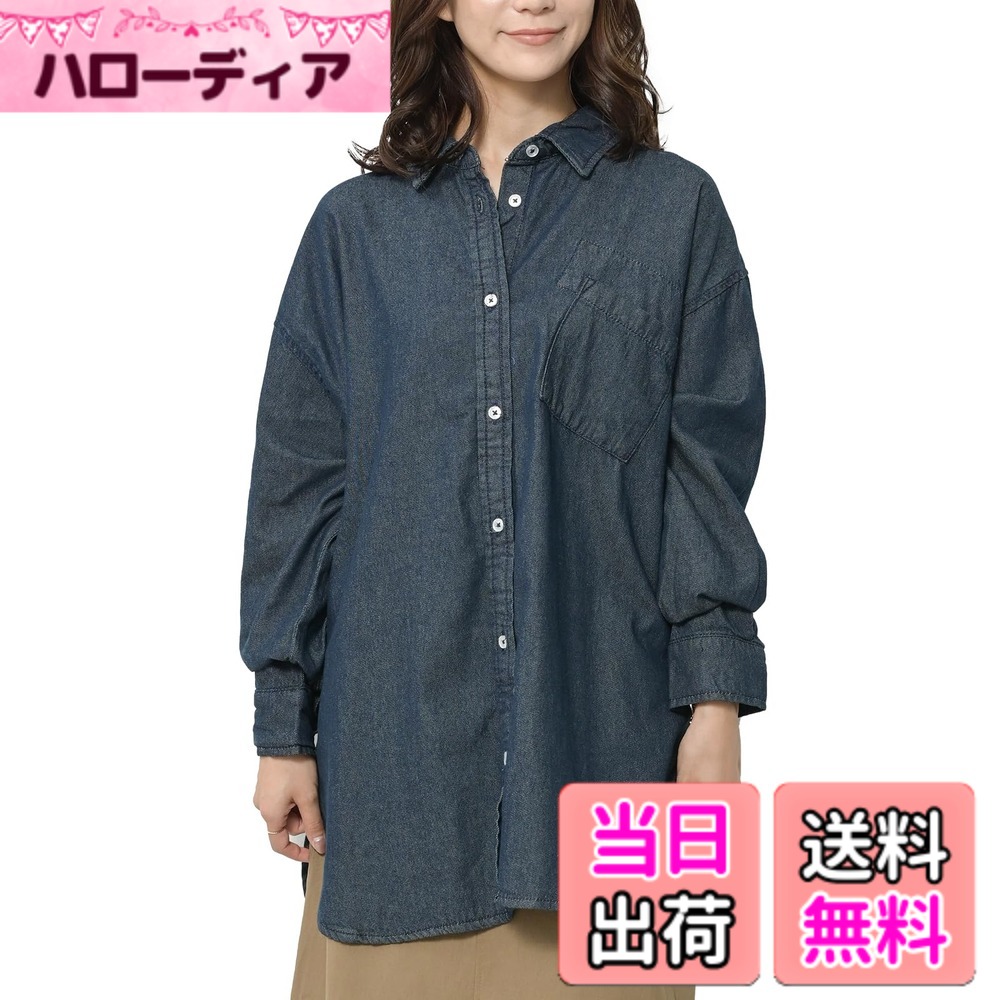【貨物輸送無料】[JANJAM] 大層らしい大きさ レディース ジーンズプルオーバー ロング丈 長袖 前くい違い名取り草 羽織り トップス cotton100 色：ワンウォッシュネイビー、大きさ：LL-3L