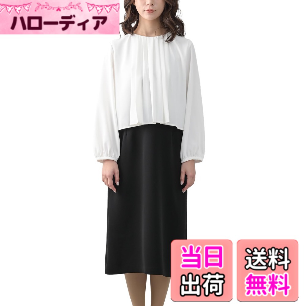 【送料無料】[JANJAM] 大きいサイズ レディース タックワンピース 長袖 ロング丈 重ね着風 切り替え フォーマル 色：オフホワイト、サイズ：5L