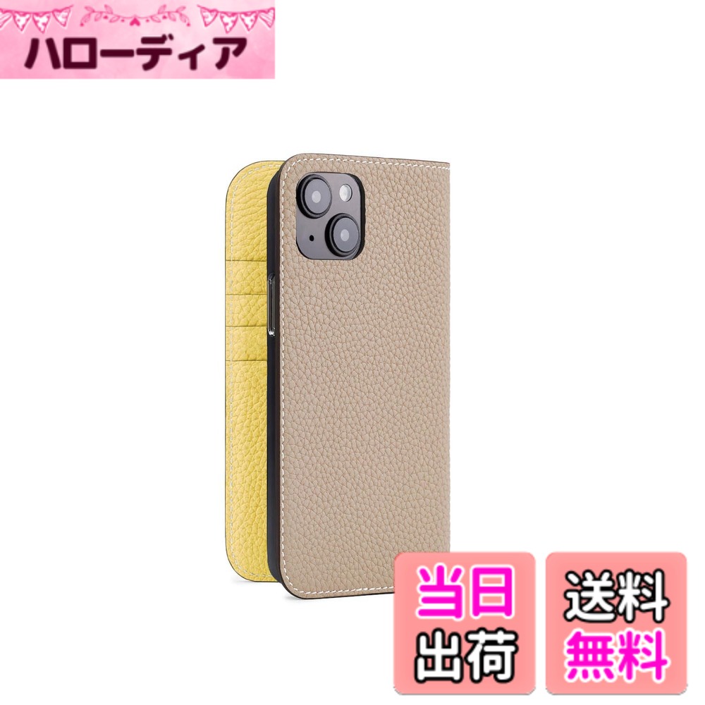 【送料無料】【ボナベンチュラ】ダイアリーケース シュリンクレザー 色：グレージュ x イエロー、サイズ：iPhone 14 Plus
