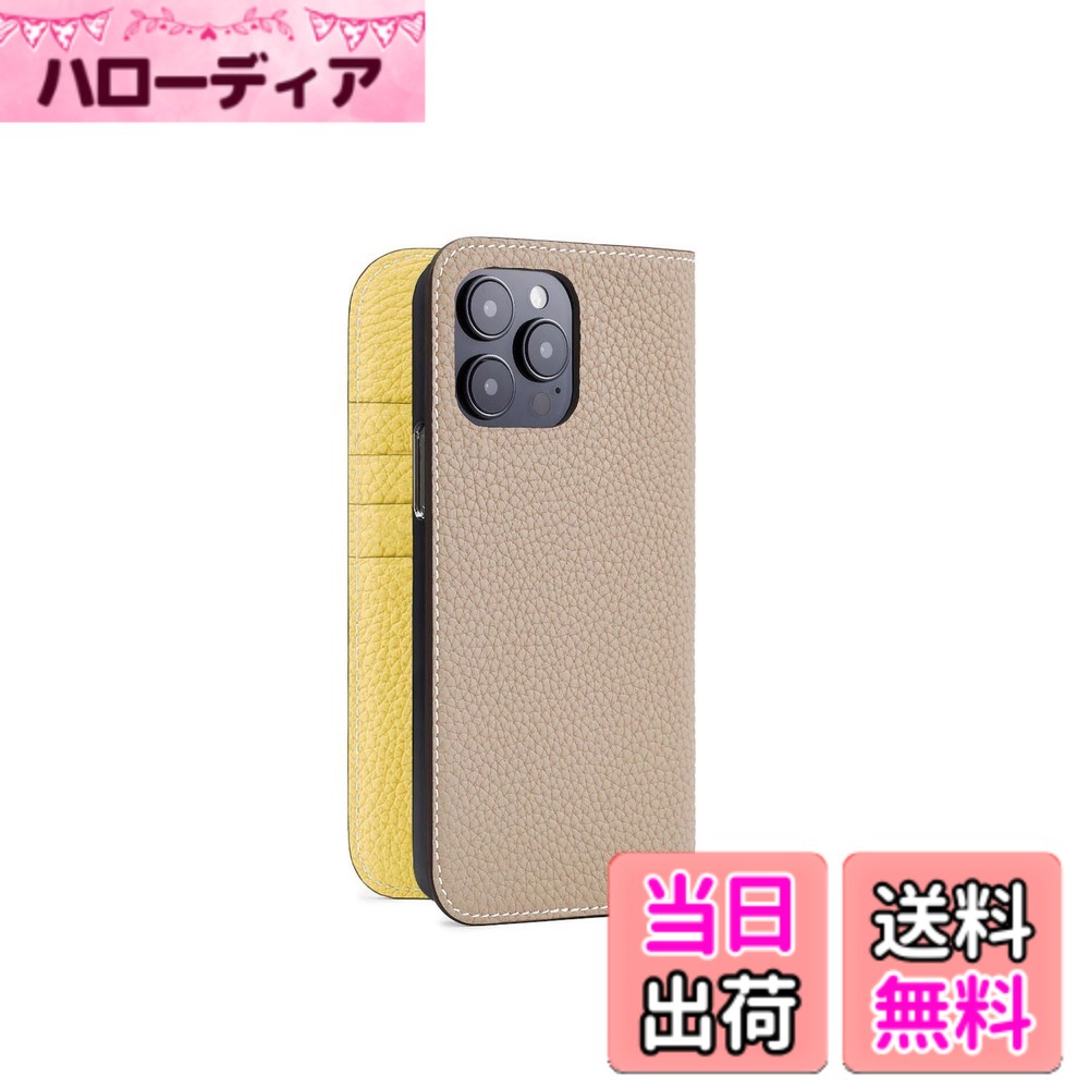【貨物輸送無料】【ボナベンチュラ】当用日記容れもの シュリンクレザー 色：グレージュ x 黄色、大きさ：iPhone 14 Pro Max