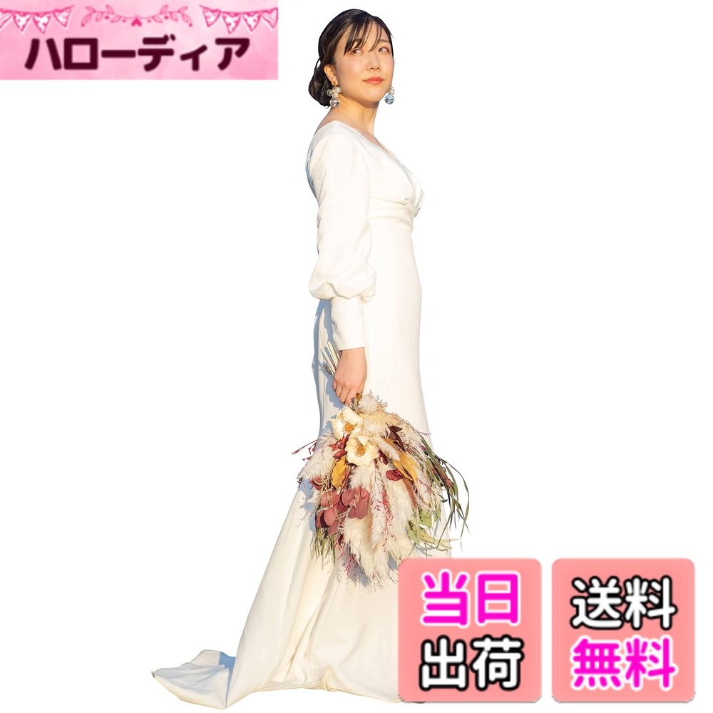 【送料無料】[EightSTAR Dress] 前撮り ウェディングドレス 白 ワンピース 花嫁 主役 二次会 ドレス ロング 袖あり 長袖 背中あき セクシー マーメイド シンプル ナチュラル 色：ホワイト、サイズ：L