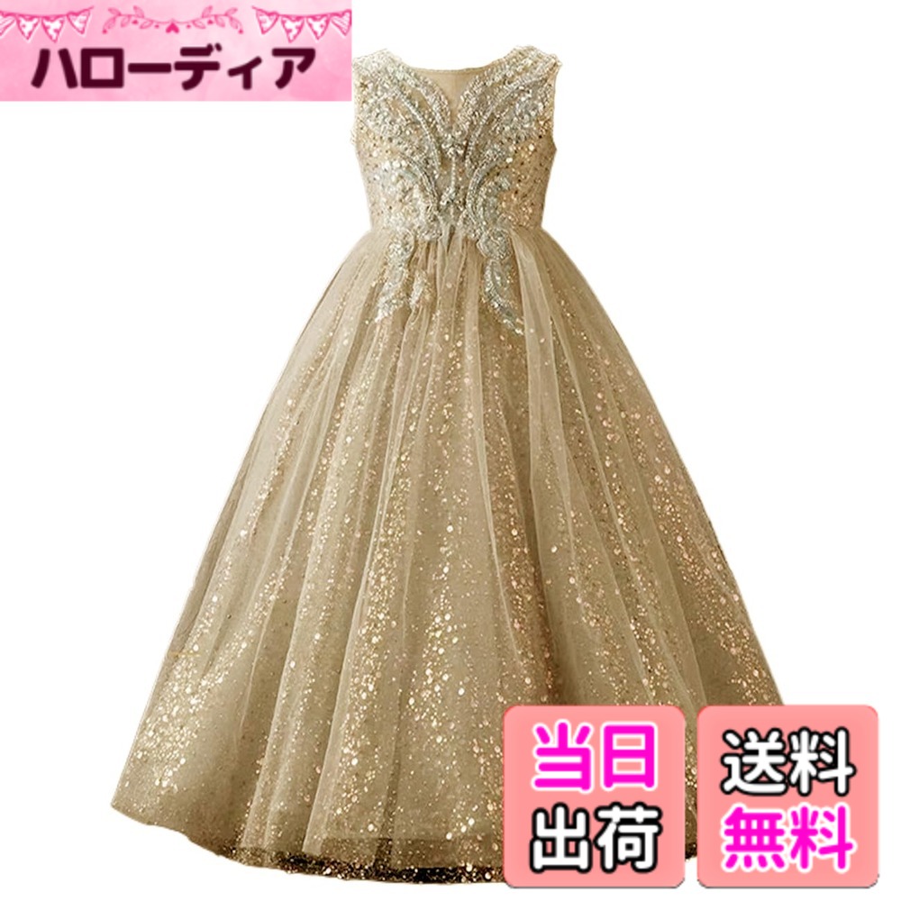 【送料無料】[HOLRAFAN] ドレス 子供 キッズ 袖なし フォーマル ドレス キラキラ 蝶々 刺繍 花 女の子 ピアノドレス お姫様 子ども 舞台 かれい 発表会 演奏会 上品 110-170cm 婚式 スパンコール (1/シャンパン 130)