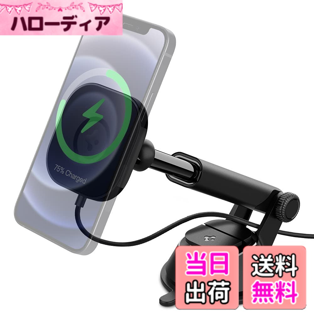 【貨物輸送無料】Spigen 車載保持者 無線電話申し受ける 磁石 MagSafe用 吸盤 スマホホルダー 車 どろ除け へばり着く先だつもの吸盤 スマホスタンド iPhone 14 13 12 Pro Max Plus Mini 超強磁気力 360度回転させる 片手脱着 落っこちる押しとどめる 据え付け飾り気のない OneTap ITS35W ACP02616 (黒いこと)