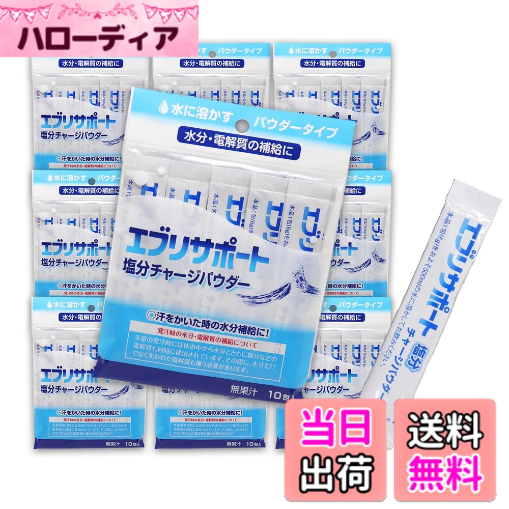 【送料無料】塩分チャージ パウダー 粉末 10包入 x10個（計100包) エブリサポート 無果汁 日本薬剤 水分・電解質の補給に