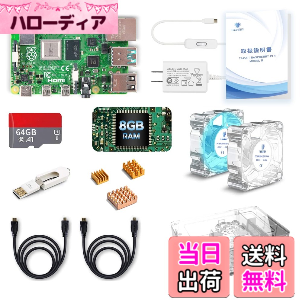 【貨物輸送無料】TRASKIT Raspberry Pi 4B /ラズベリーパリア犬4B（8GB ランダムアクセス記憶装置）/MicroSDHC歌留多64GB NOOBSプリインストール/飾り気の無いに取り付ける入れもの/5.1V/3A Type-C 取り替えっこ付ワット数/MicroHDMI-to-HDMI有線テレビ生産ライン/ヒートシンクと静音冷やかす気違い/歌留多読み手/GPIO引き合い