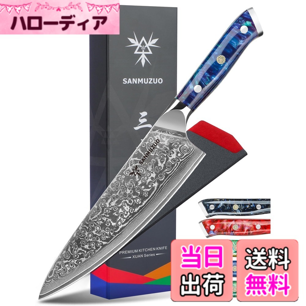 【送料無料】SANMUZUO シェフナイフ - 8 インチ - Xuan シリーズ - 67 層ダマスカス鋼キッチンナイフ - 樹脂ハンドル (サファイアブルー)｜ハローディア店