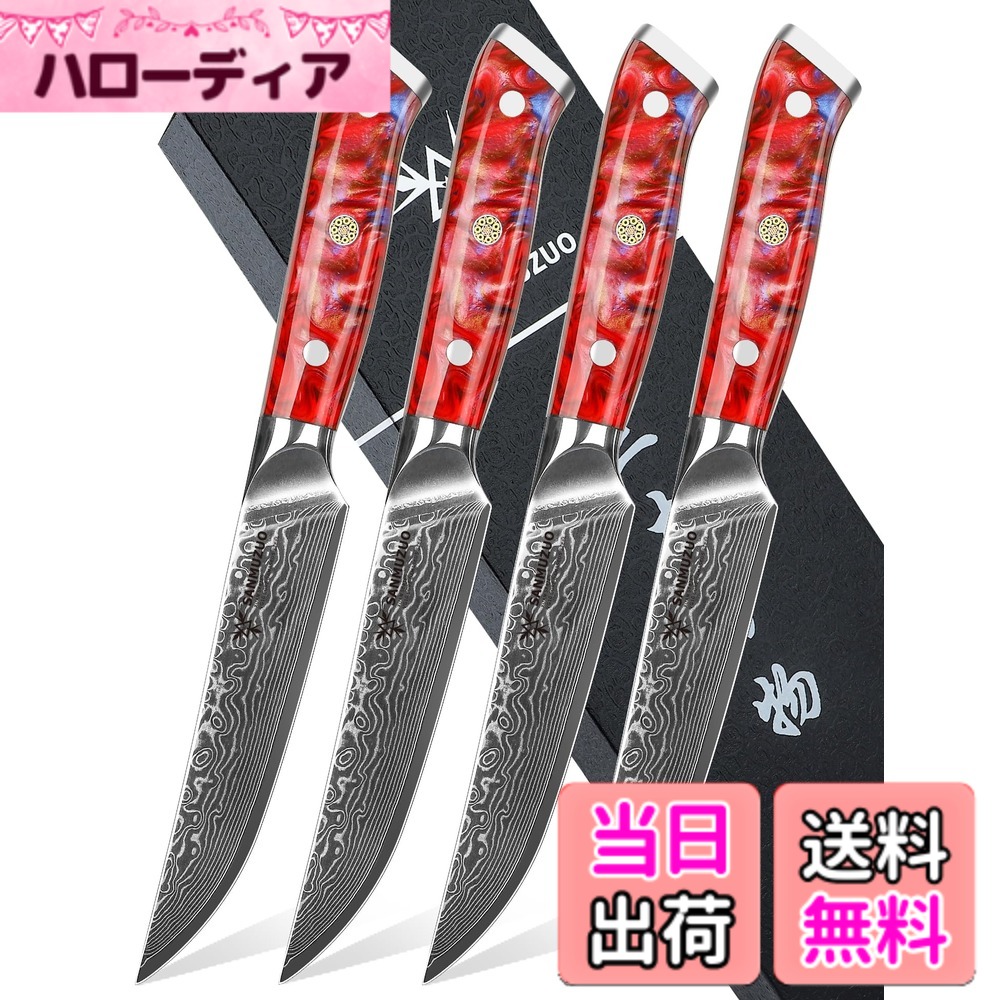 【貨物輸送無料】SANMUZUO Steak Knives Set of 4, Ultra Sharp Non Serrated Kitchen Steak Knife 5 Inch - Damascus Steel \u0026 Resin Handle - Xuan Series (Sunset Red)