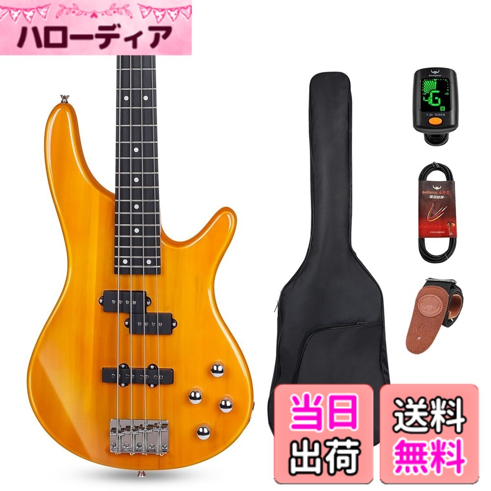 【送料無料】Bullfighter エレキベース 初心者入門セットアクセサリーセット付き、PB PJB 4弦bassエレキベース初心者入門パフォーマンスロック楽器 Bass [ソフトケース/シールド/ストラップ/ピック/調整用レンチ付属] (PJ-Wood)