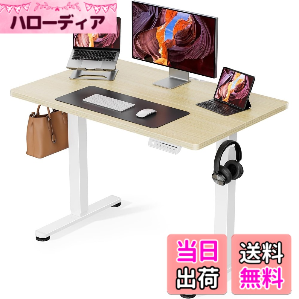 【貨物輸送無料】ErGear 電動 オフィスワークテーブル 色：自然的肌理調(天板) / 白(足)、大きさ：100*60珊