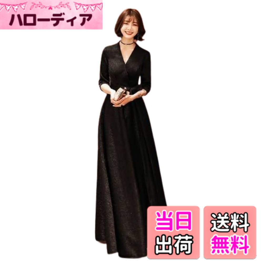 【送料無料】[karim] ロングドレス 黒 演奏会 結婚式 パーティードレス aライン 半袖 かっこいい キラキラ カシュクール フォーマル ドレス ロング 袖あり 色：ブラック、サイズ：L RegularLong｜ハローディア店 10,511円