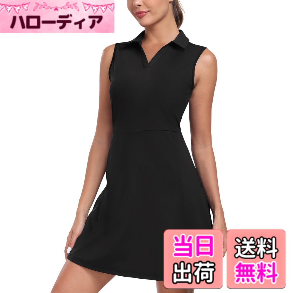 【送料無料】[MoFiz] ポロワンピース レディース ワンピース ノースリーブ スポーツ 見せパン付き 通気 ゴルフワンピース速乾 ロング Tシャツ テニスドレス ポケット カスパッツ付き ジュアル服 2点セット 日常着 着痩せ 襟付き 夏用 色：ブラック、サイズ：L