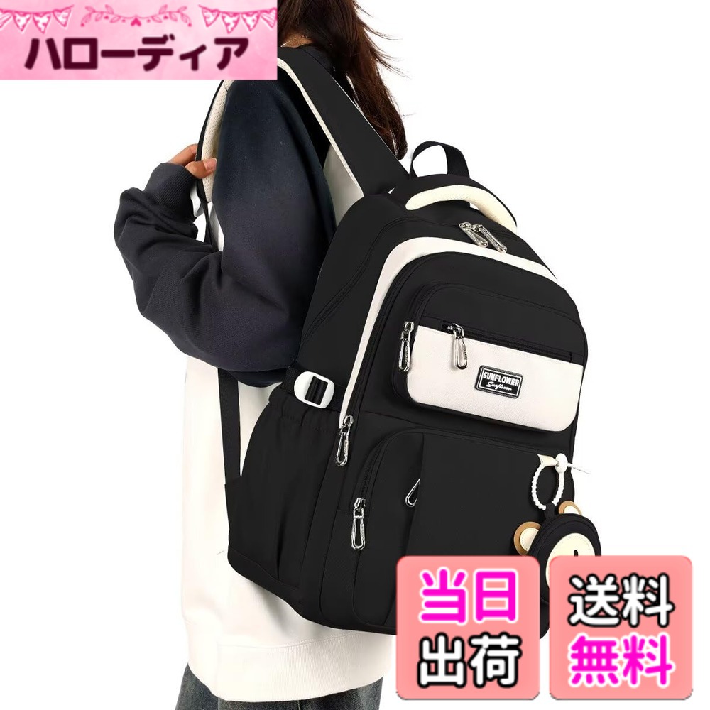 【送料無料】[HeiDiga] リュック レディース 大容量 可愛い 軽量 人気 韓国 リュックサック 独立ポーチ付き 15.6インチ PC 収納 2WAY 背面ポケット バックパック 高校生 女子 多機能 防水 盗難防止ポケット 子供 学生 通学 色：948-ブラック、サイズ：45cm x 30cm x 15cm