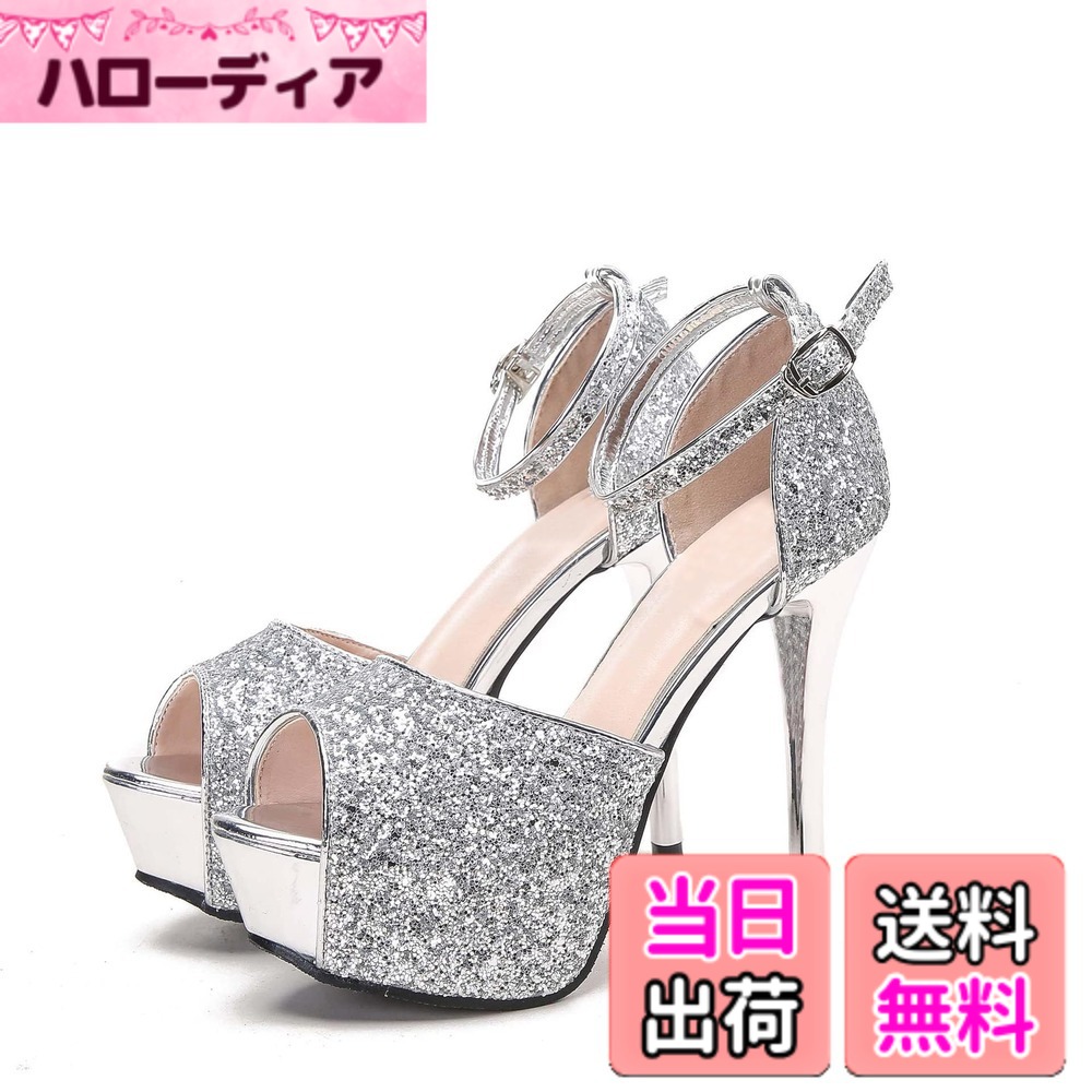【送料無料】[YFS] 太ヒール 18cm キャバ パンプス サンダル ハイヒール セクシー ハイヒール スローピングヒール クリアヒール 厚底サンダル 痛くない クリア アンクルストラップ 二次会 結婚式 謝恩会 発表会 披露宴 22cm-26. 色：シルバー サンダル、サイズ：24.5 cm