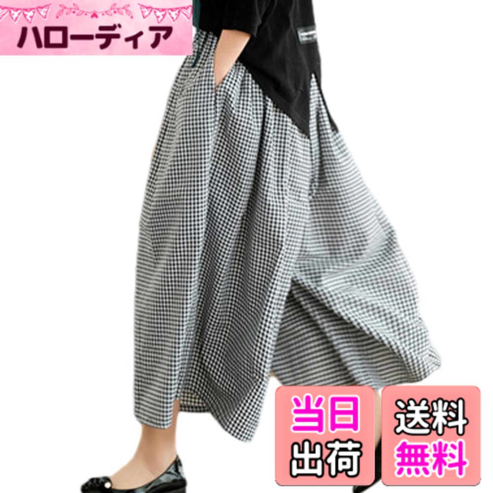 【送料無料】[ORWZDCO] ワイドパンツ レディース リネン ウエストゴム チェック柄パンツ ハイウェスト 九分丈 ゆったり 大きいサイズ カジュアル 通勤 春 夏 秋 色：ブラック(小きなチェック柄)、サイズ：M