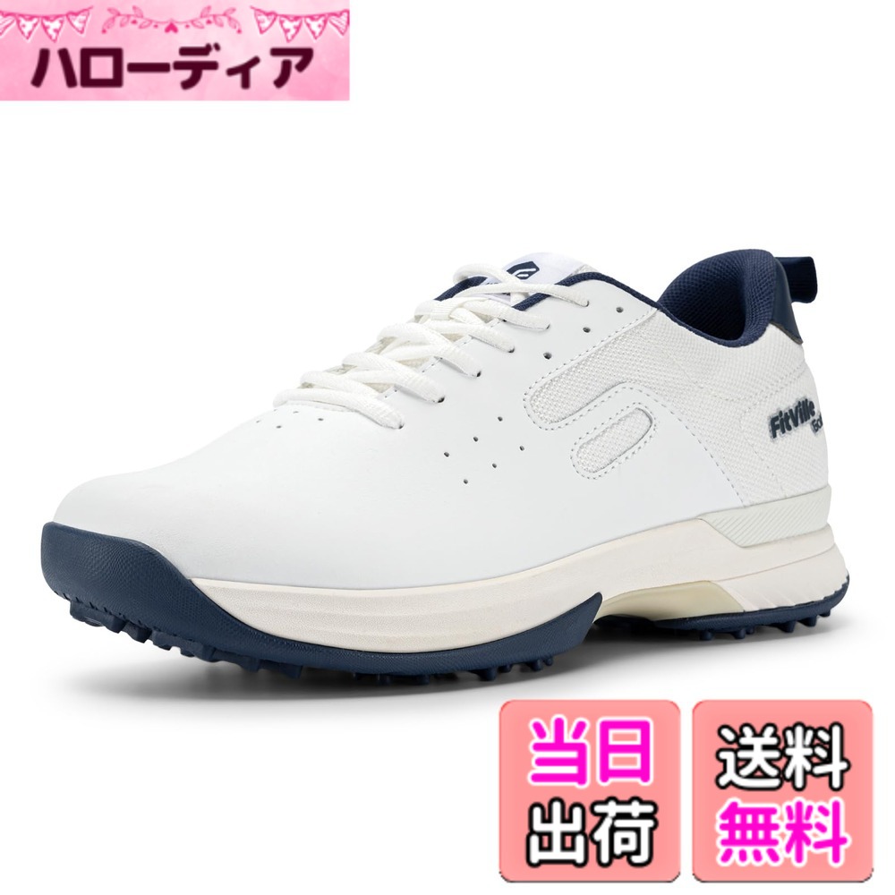 【送料無料】[FitVille] ゴルフシューズ メンズ 幅広 スパイク プロゴルフ 靴 男性用 ゴルフトレーニング スニーカー ビジネス運動 軽量 撥水 色：ホワイト、サイズ：30.0 cm 4E｜ハローディア店