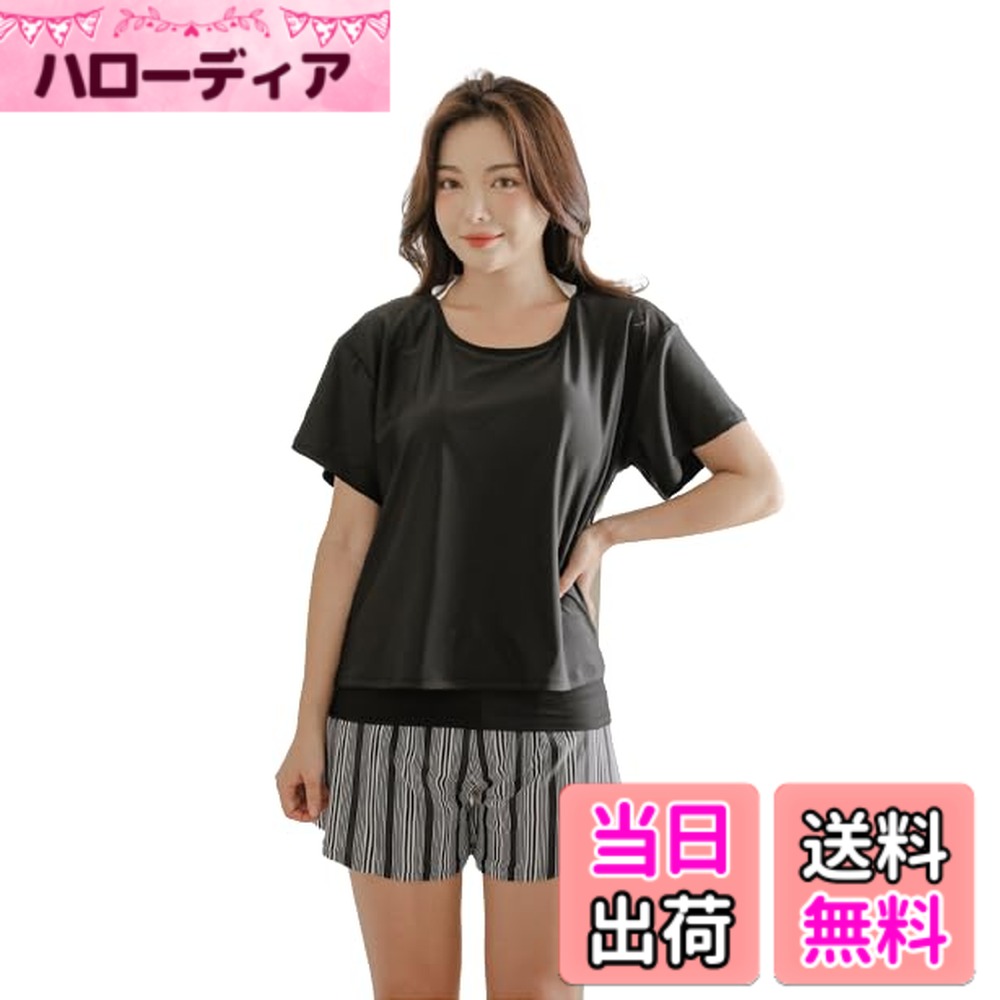 【送料無料】[growncharm] 水着 レディース 体型カバー タンキニ Tシャツ パッド付き 一体型 水着 【UPF50+ UVカット加工】【2点セット】[SLV31201] 色：C、サイズ：L