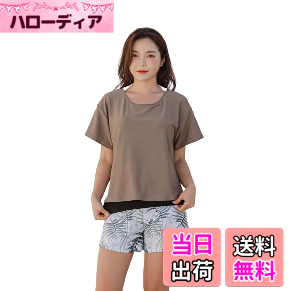 【送料無料】[growncharm] 水着 レディース 体型カバー タンキニ Tシャツ パッド付き 一体型 水着 【UPF50+ UVカット加工】【2点セット】[SLV31201] 色：G、サイズ：M