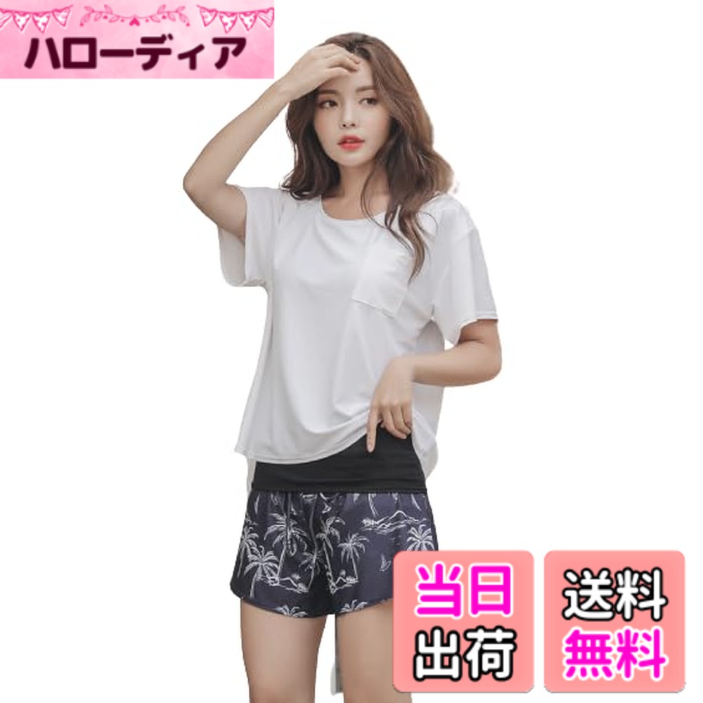 【送料無料】[growncharm] 水着 レディース 体型カバー タンキニ Tシャツ パット付き 一体型 パット付き【UPF50+ UVカット加工】【2点セット】[SW18B2-02] 色：ホワイト+ピーチ、サイズ：LL