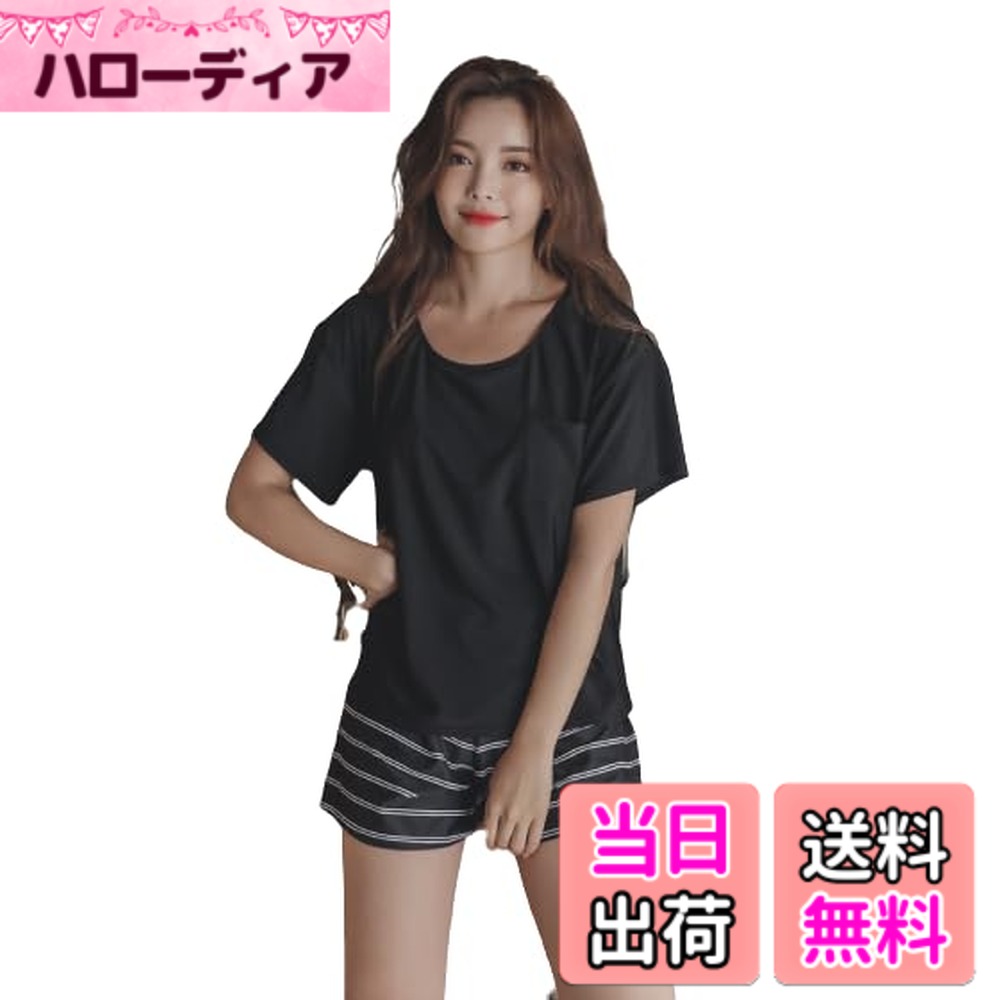 【送料無料】[growncharm] 水着 レディース 体型カバー タンキニ Tシャツ パット付き 一体型 パット付き【UPF50+ UVカット加工】【2点セット】[SW18B2-02] 色：ブラック+ダブルボーダー、サイズ：M