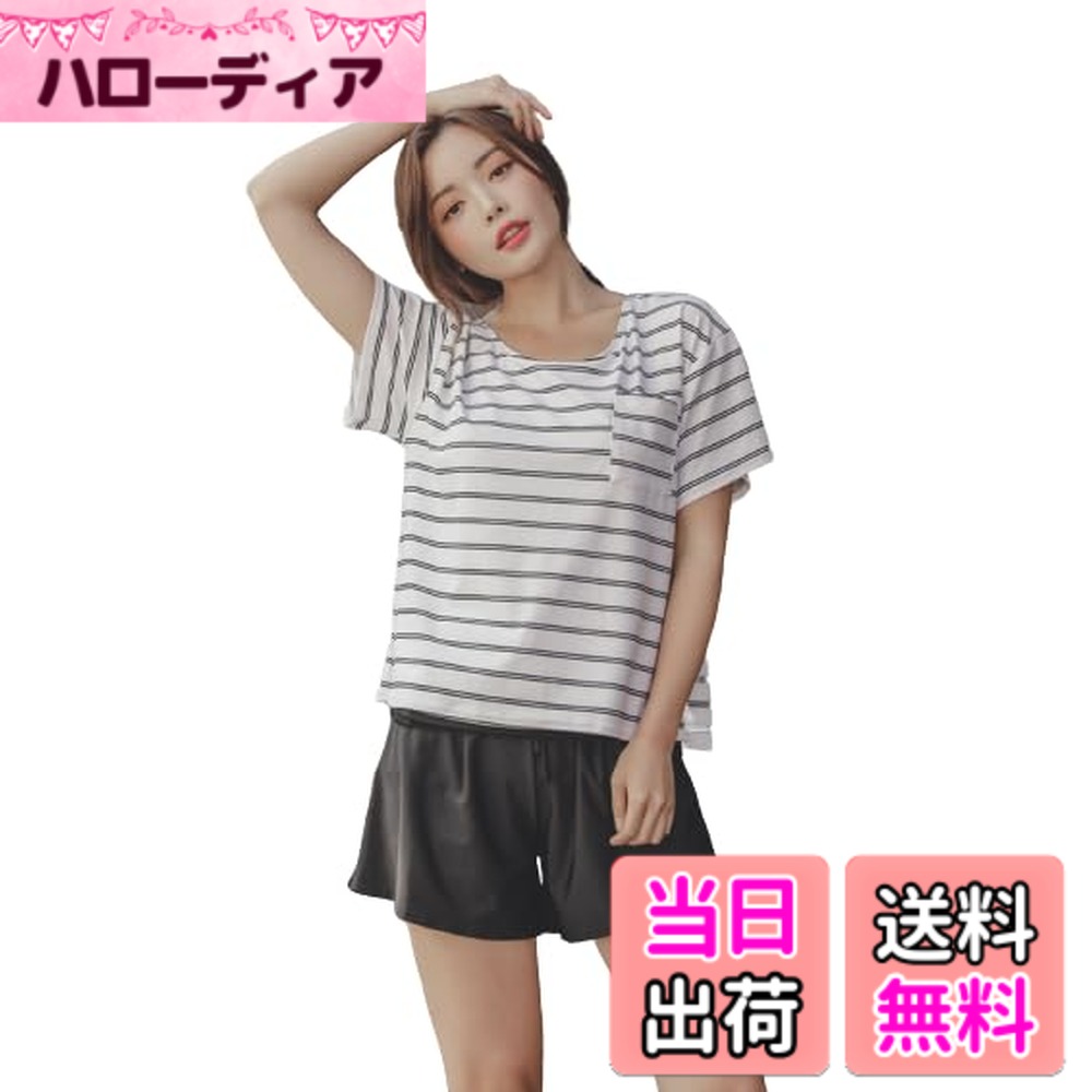 【送料無料】[growncharm] 水着 レディース 体型カバー タンキニ Tシャツ パット付き 一体型 パット付き【UPF50+ UVカット加工】【2点セット】[SW18B2-02] 色：ダブルボーダーホワイト+ブラック、サイズ：5L 5,082円