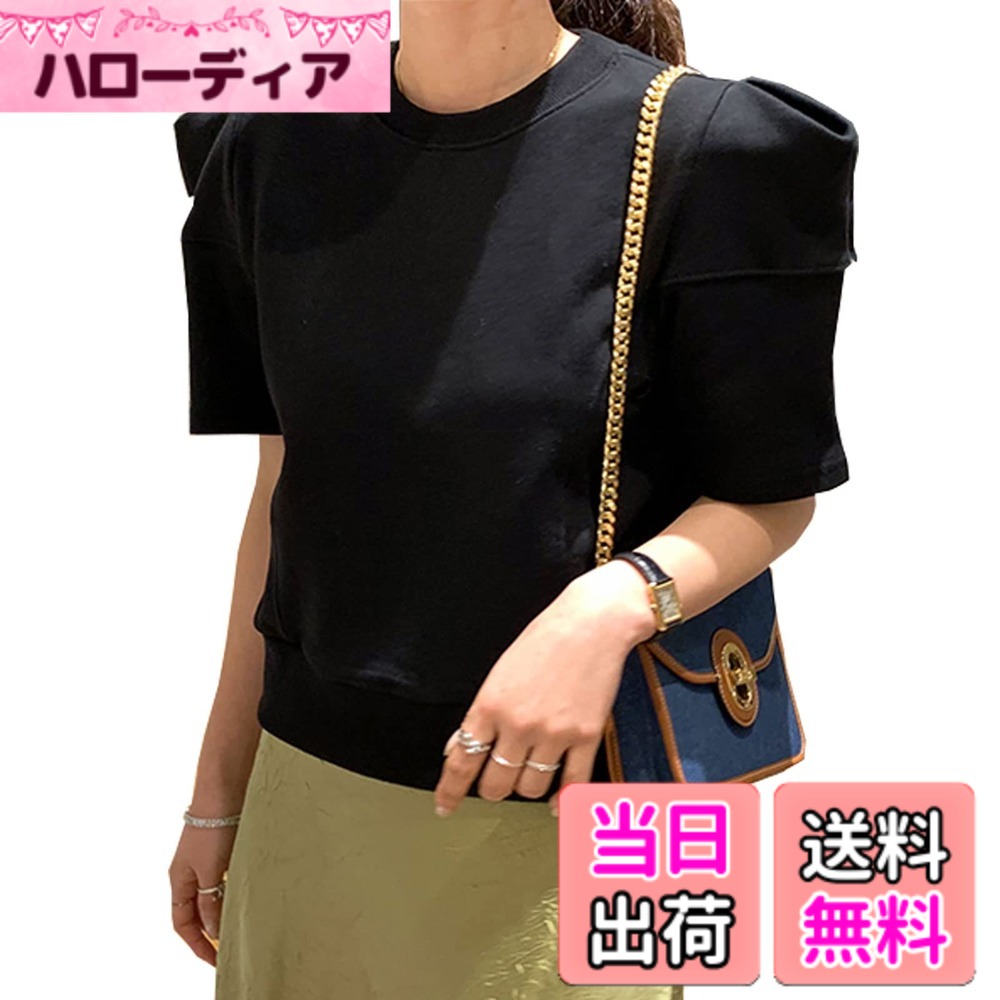 【送料無料】[7-livehouse] tシャツ レディース トップス 半袖 切り替え 丸襟 伸縮性あり ショート丈 無地 ウエストゴム 着痩せ オフィス 部屋着 体型カバー ファッション きれいめ 可愛い 春 夏 色：ブラック、サイズ：Free Size