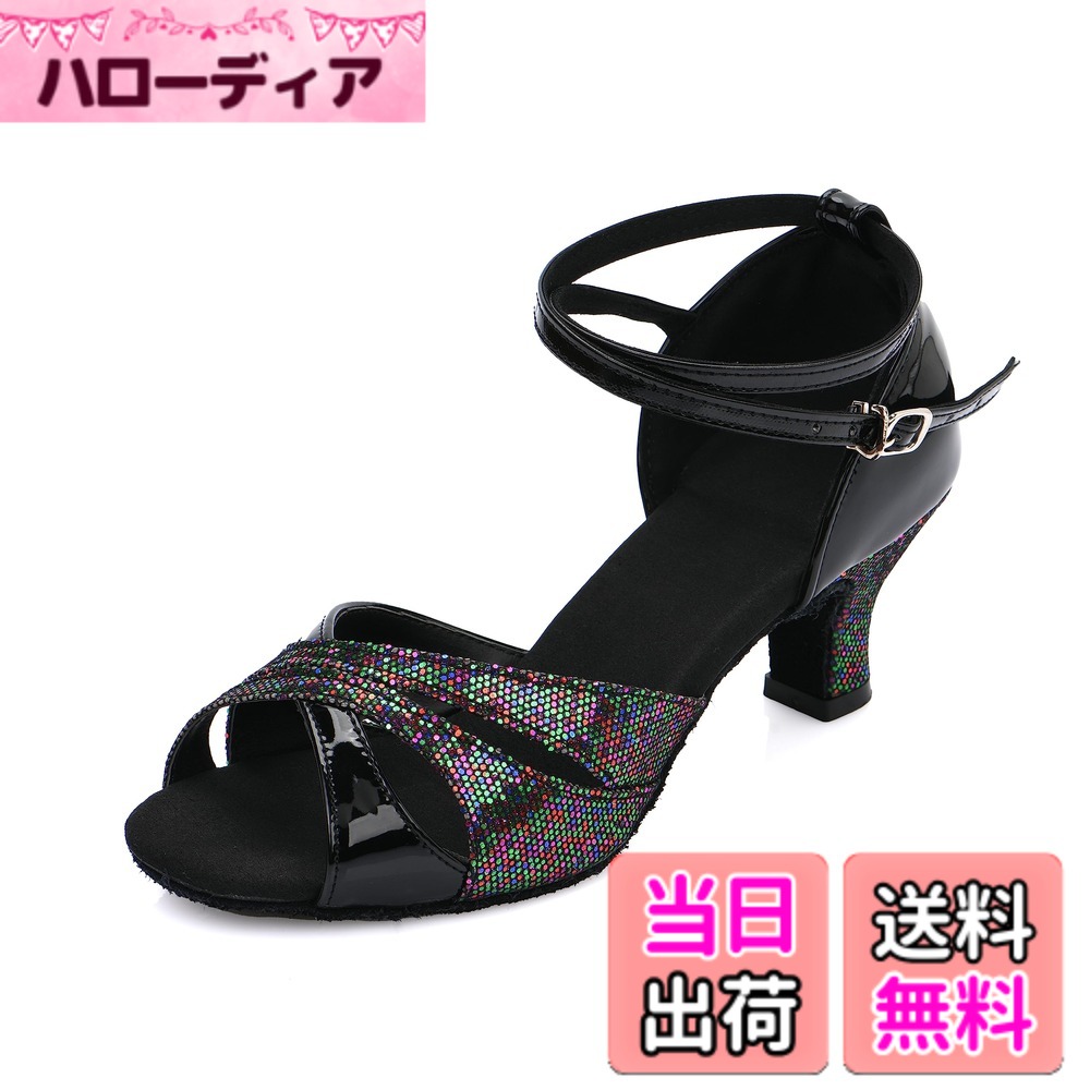 【送料無料】[FLORPERRY] レディース ラテン ダンス シューズ 女性 モダン 社交 ダンス シューズ ステージシューズ ダンス スポーツ 靴 チャチャダンスシューズ 練習用 舞台 演奏会 スエードソール 色：ブラック、サイズ：23.5 cm M