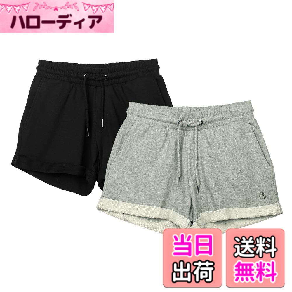 【送料無料】icyzone レディース ショートパンツ 短パン スウェットショーツ コットン 通気性 伸縮性 吸汗 アスレチック ランニング ジョギング ヨガ ルームウエア 2枚セット 色：ブラック/グレー、サイズ：XL