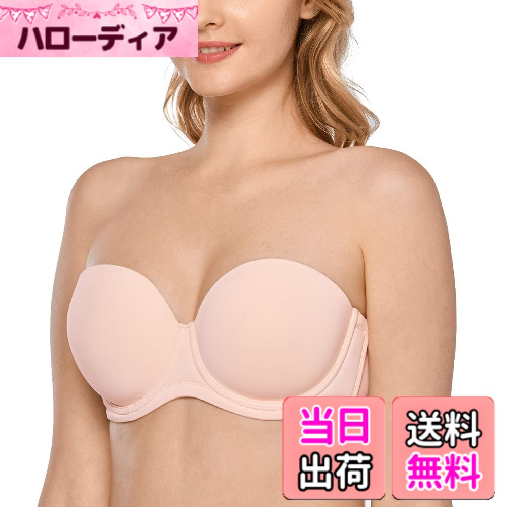 【送料無料】[DELIMIRA] ストラップレスブラジャー レディース ワイヤー入り モールドフルカップ 大きいサイズブラジャー ストラップレスブラ 色：アプリコットピンク、サイズ：F90