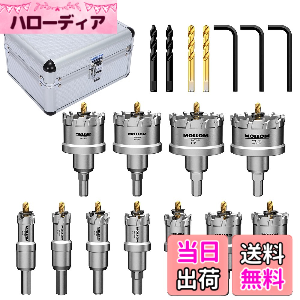 【送料無料】Mollom 高耐久超硬ホールソー、パイロットドリルビット2個、ホールカッターはステンレス鋼、軟鋼、鉄、銅、真鍮、プラスチックをカットします 色：シルバー、サイズ：11本のドリルセット(16-54mm)｜ハローディア店
