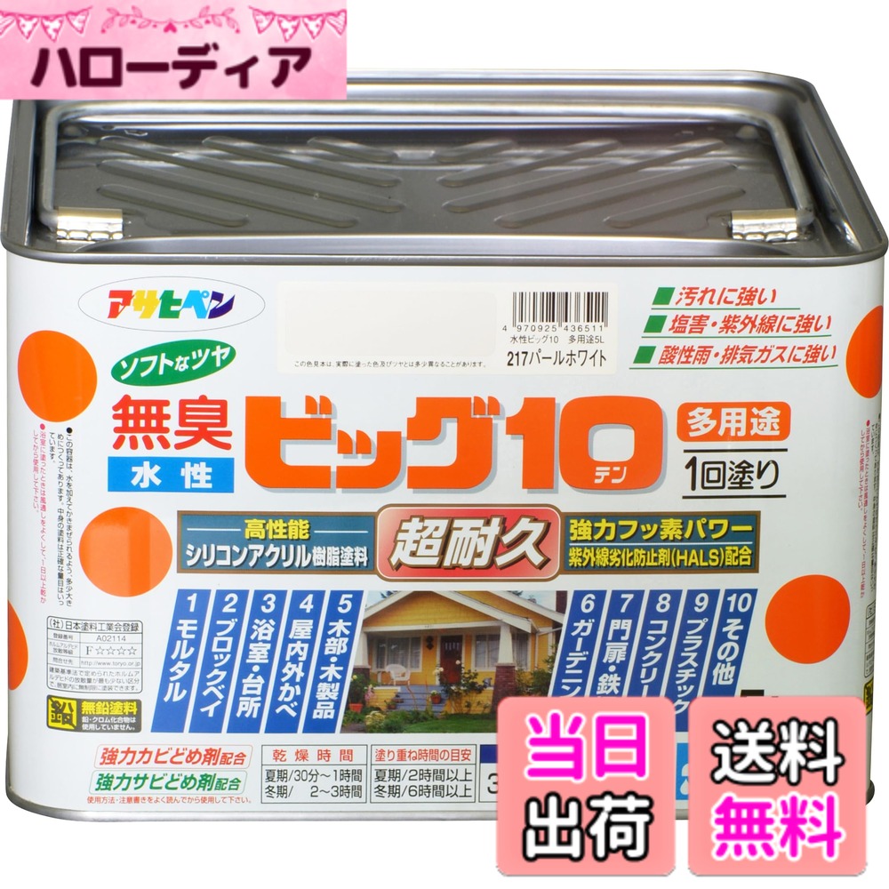 【送料無料】アサヒペン 塗料 ペンキ 水性ビッグ10多用途 5L 217パールホワイト 水性 多用途 半ツヤ ソフトなツヤ 1回塗り 超耐久 無臭 特殊フッ素樹脂配合 防カビ サビドメ剤配合 紫外線劣化防止剤配合 シックハウス対策品 日本製 色：217パールホワイト、サイズ：5L