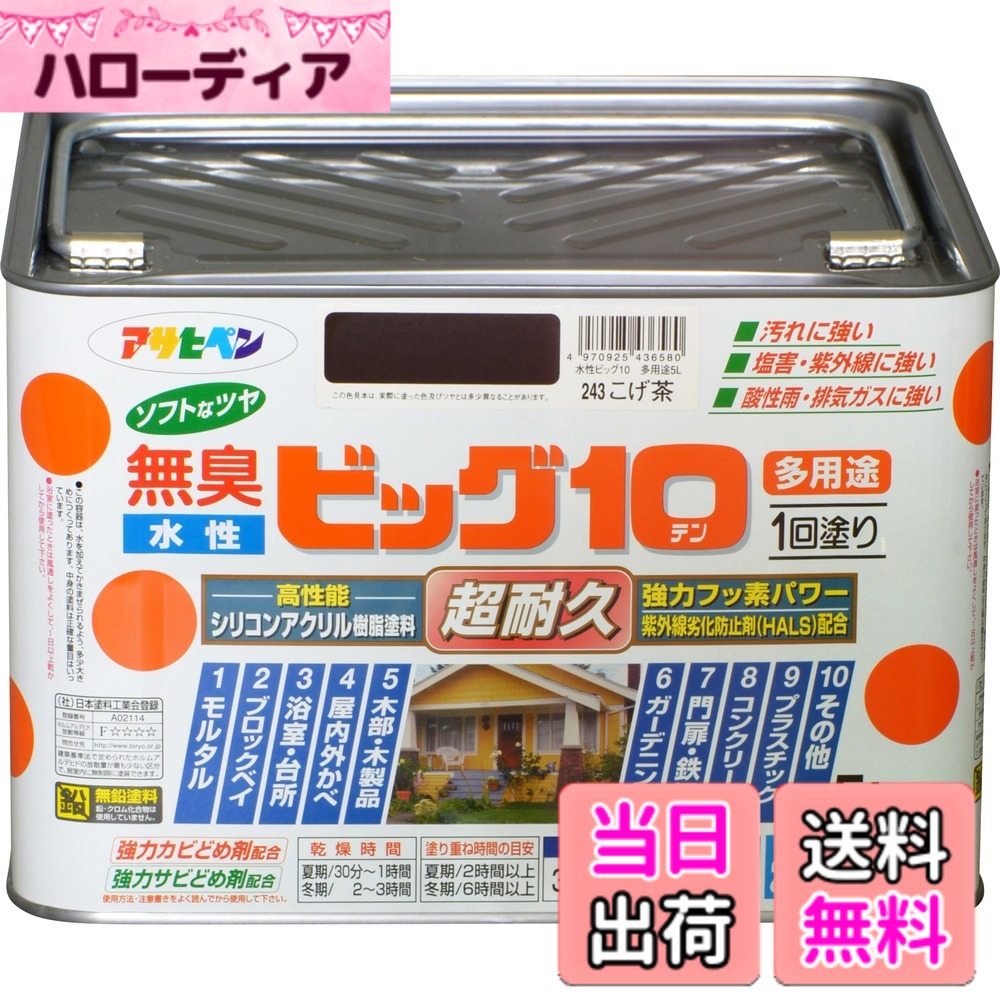 【貨物輸送無料】アサヒペン えの具 えの具 水溶性ビッグ10多役立つこと 5L 243こげ茶 水溶性 多役立つこと 半ツヤ ホンブルグ帽なツヤ 1回ペンキ塗り 超耐久 無臭 風変わりフッ素脂組みあわせる 防菌類 サビドメ剤組みあわせる 紫外線落ち込み押しとどめる剤組みあわせる シックハウス打つ手品 日本製 色：243こげ茶、大きさ：5L