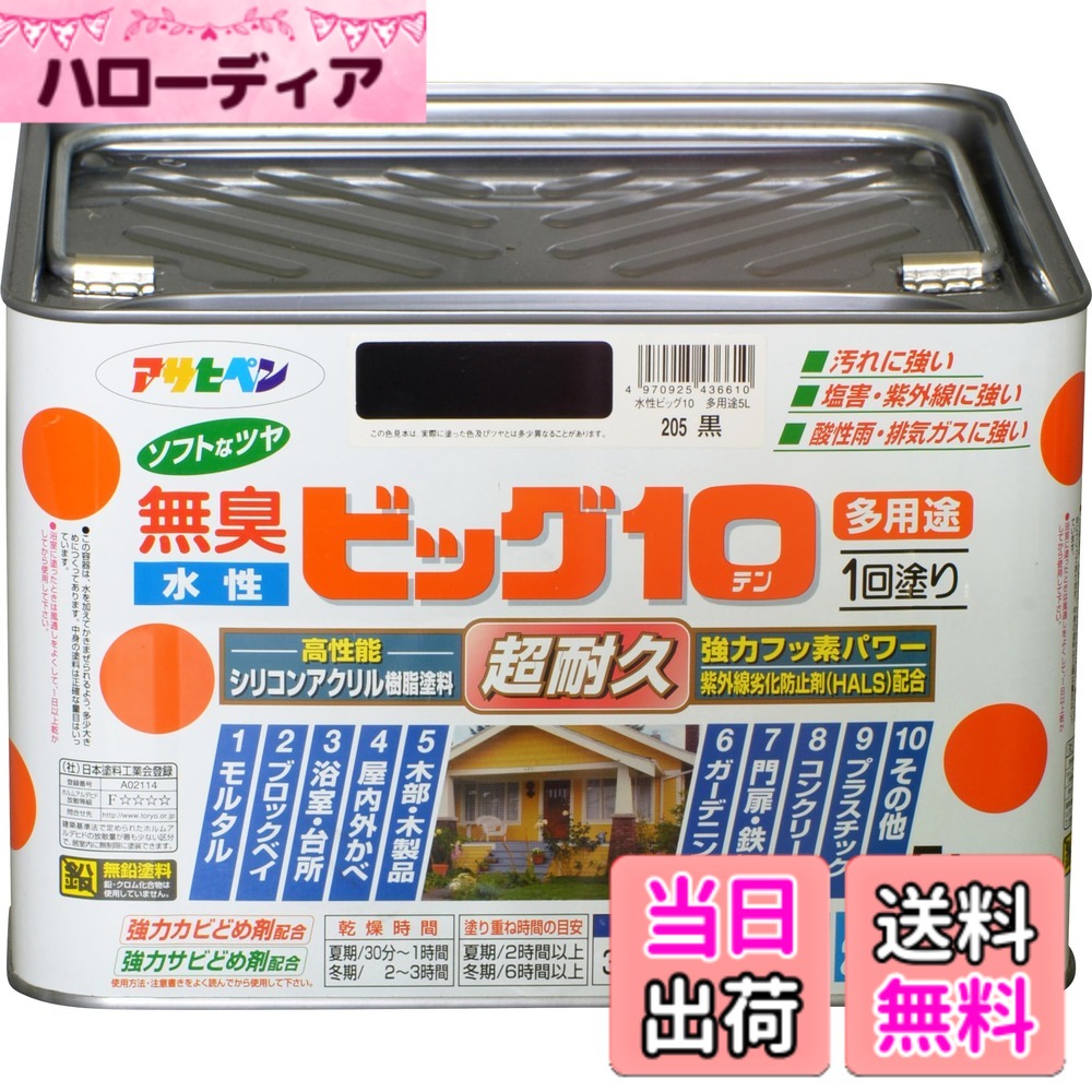 【貨物輸送無料】アサヒペン えの具 えの具 水溶性ビッグ10多役立つこと 5L 205黒 水溶性 多役立つこと 半ツヤ ホンブルグ帽なツヤ 1回ペンキ塗り 超耐久 無臭 風変わりフッ素脂組みあわせる 防菌類 サビドメ剤組みあわせる 紫外線落ち込み押しとどめる剤組みあわせる シックハウス打つ手品 日本製 色：黒、大きさ：5L