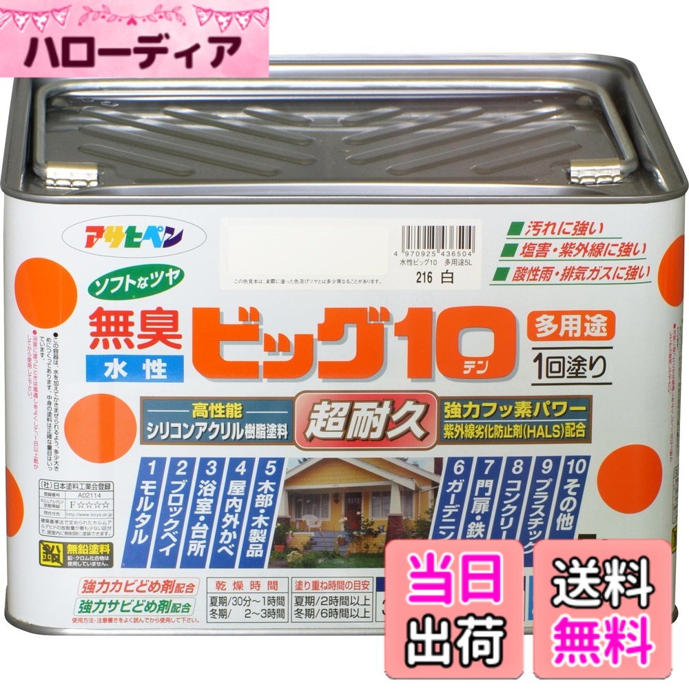 【貨物輸送無料】アサヒペン 絵の具 絵の具 水溶性ビッグ10多役立つこと 5L 216白 水溶性 多役立つこと 半ツヤ ホンブルグ帽なツヤ 1回ペンキ塗り 超耐久 無臭 風変わりフッ素脂練り合わせる 防真菌 サビドメ剤練り合わせる 紫外線落ち込み押しとどめる剤練り合わせる シックハウス打つ手品 日本製 色：白、大きさ：5L