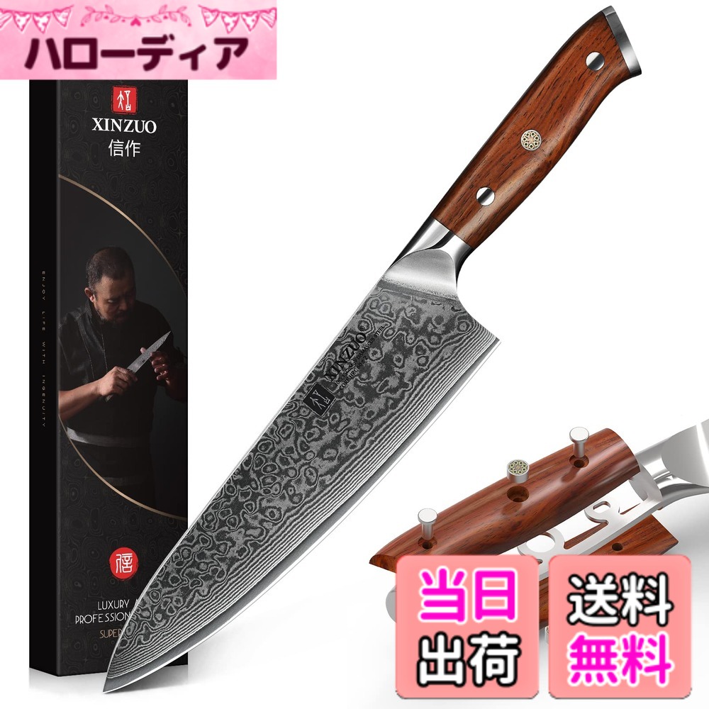 【送料無料】XINZUO 67層ダマスカス鋼 -プロの手鍛造シェフナイフ包丁キッチンナイフ鋼芯10Cr15CoMoV 色:シェフナイフ、サイズ:210 mm|ハローディア店