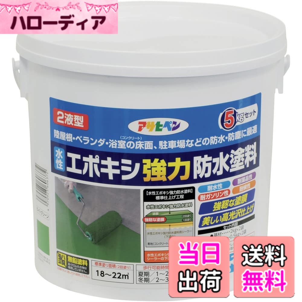 【貨物輸送無料】アサヒペン(Asahipen)水溶性エポキシ豪然たる雨合羽えの具1KG/2KG/5KG 色：ライトグリーン、大いさ：5KG