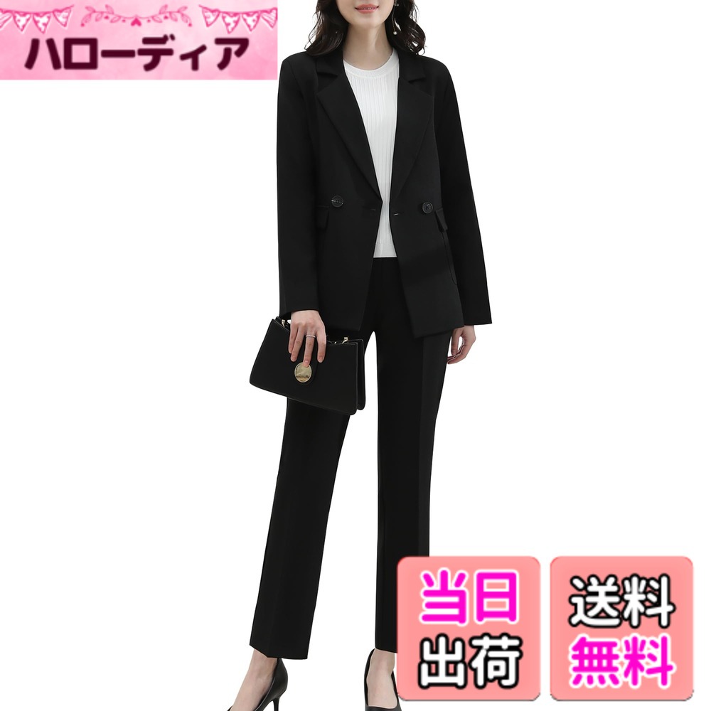 【送料無料】[Ladyangel] スーツ 上下 2点セット レディース パンツスーツ スーツ ジャケット パンツ セットアップ 九分丈 カジュアル フォーマル 着痩せ おしゃれ シンプル ファッション お出掛け 通勤 入学式 卒業式 面接 色：ブラック、サイズ：XL