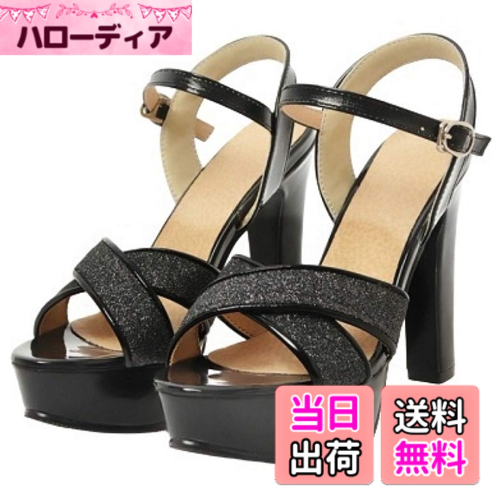 【送料無料】[APOSITV] 厚底サンダル レディース グリッター ラメ ハイヒール 12cm バックベルト 色：ブラック、サイズ：26.0 cm｜ハローディア店