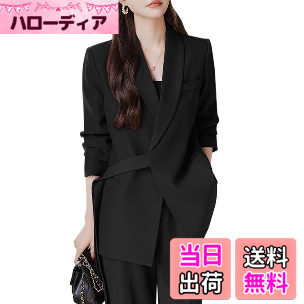 【送料無料】[DYIOPMFGZ] CHUMO スーツ レディース セットアップ 上下 2点セット ジャケット テーラードジャケット ワイドパンツ パンツスーツ 長袖 おしゃれ 気質 エレガント カジュアル フォーマル 通勤 オフィス 結婚 色：ブラック（ジャケット＋パンツ）、サイズ：L｜ハローディア店