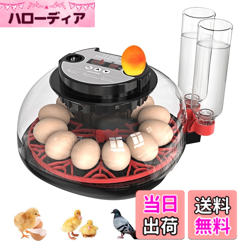 【送料無料】自動孵卵器 インキュベーター 検卵ライト付き Safego 孵卵機 恒温器 12卵 自動給水 自動転卵 自動温度制御 洗浄可能 簡単操作 低騒音 デジタル表示 子供教育用 家庭用 孵化率アップ 孵化器 湿度表示 鶏など家畜専用ふ卵器 鳥類専用 【日本語説明 色：レッド｜ハローディア店