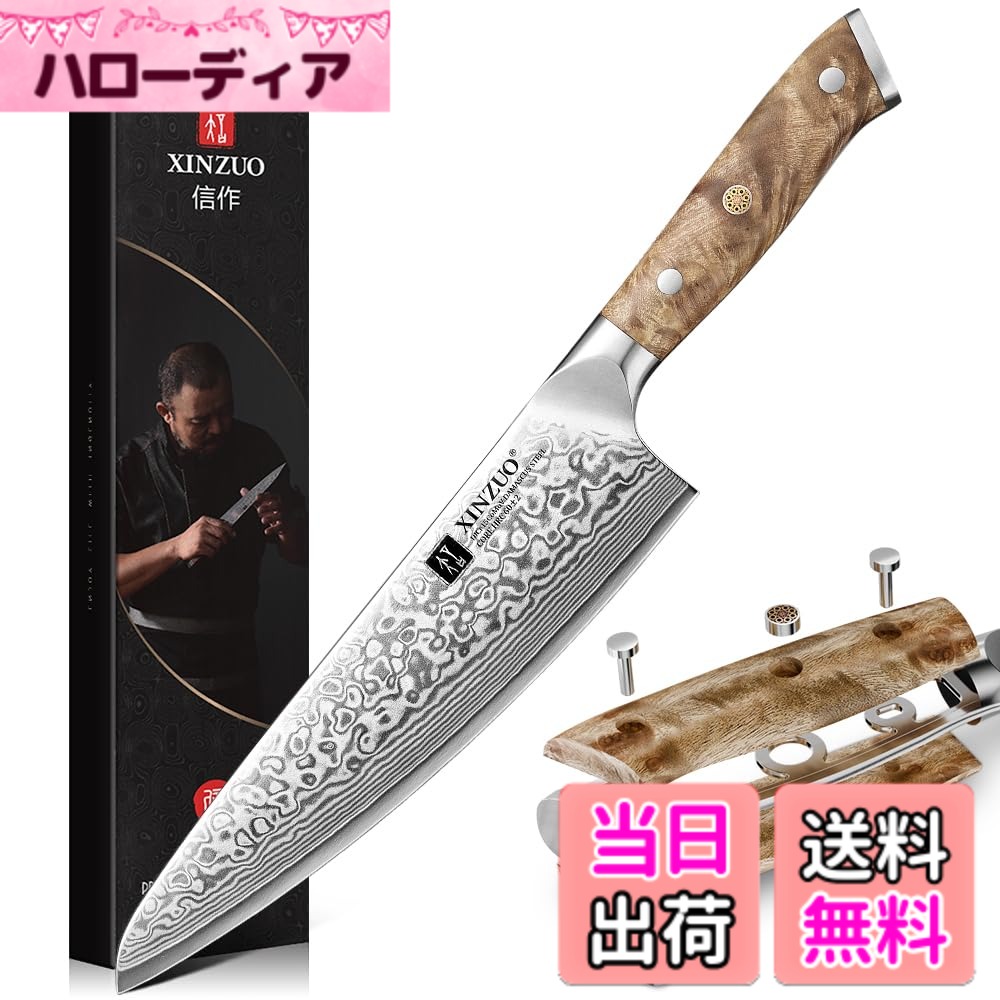 【送料無料】XINZUO 67層ダマスカス鋼 -プロの手鍛造シェフナイフ包丁キッチンナイフ鋼芯10Cr15CoMoV 色：シェフナイフ、サイズ：210 mm｜ハローディア店