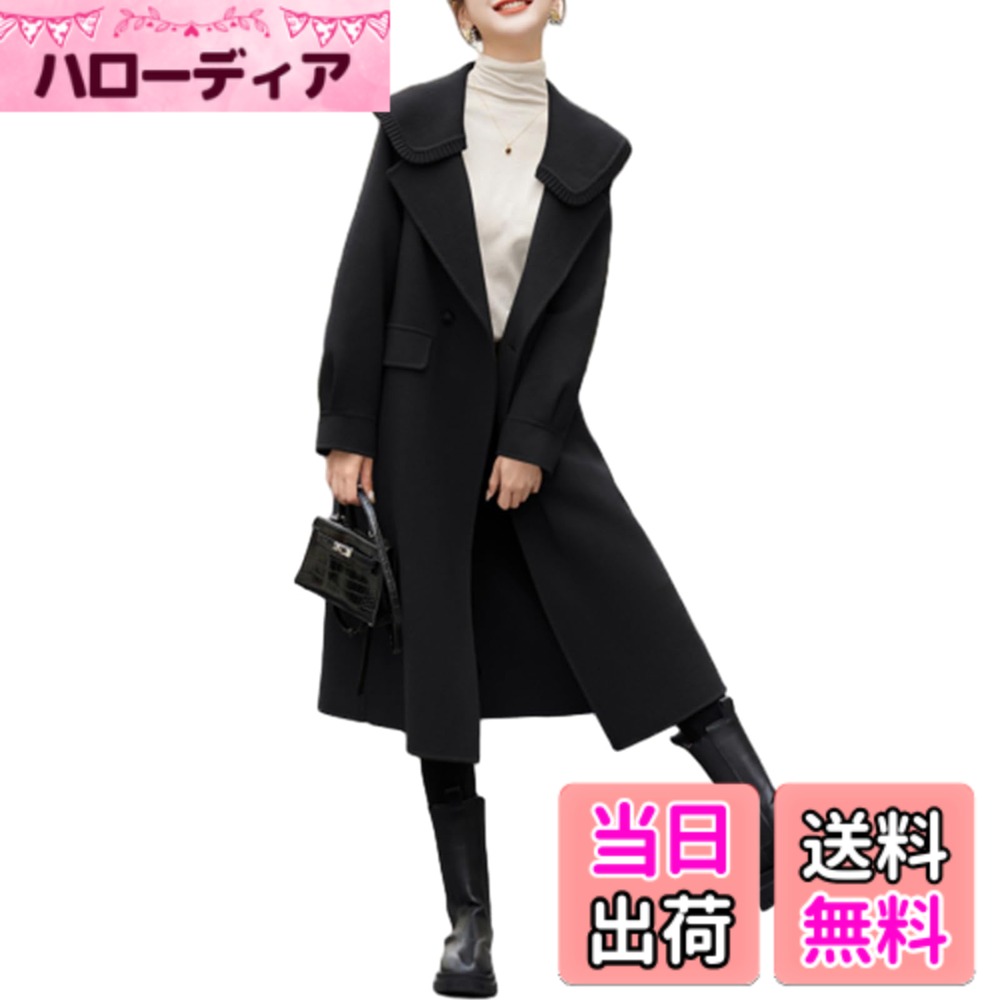 【送料無料】[RoyzTocz] ロングコート レディース チェスターコート 折り襟 ブルゾン 長袖 ダッフルコート テーラードジャケット トレンチコート アウターウエア ラシャコート オーバーコート 羽織 カジュアル ゆったり 防寒 スリム オフィス 色：ブラック、サイズ：2XL｜ハローディア店