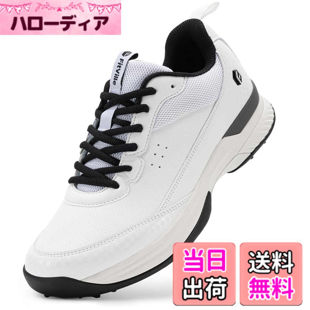 【送料無料】[FitVille] 幅広 ゴルフシューズ メンズ 2E 4E プロゴルフ靴 ソフトスパイク付き 軽量 防水 防滑 色：JP-クロシロ、サイズ：32.0 cm 2E｜ハローディア店
