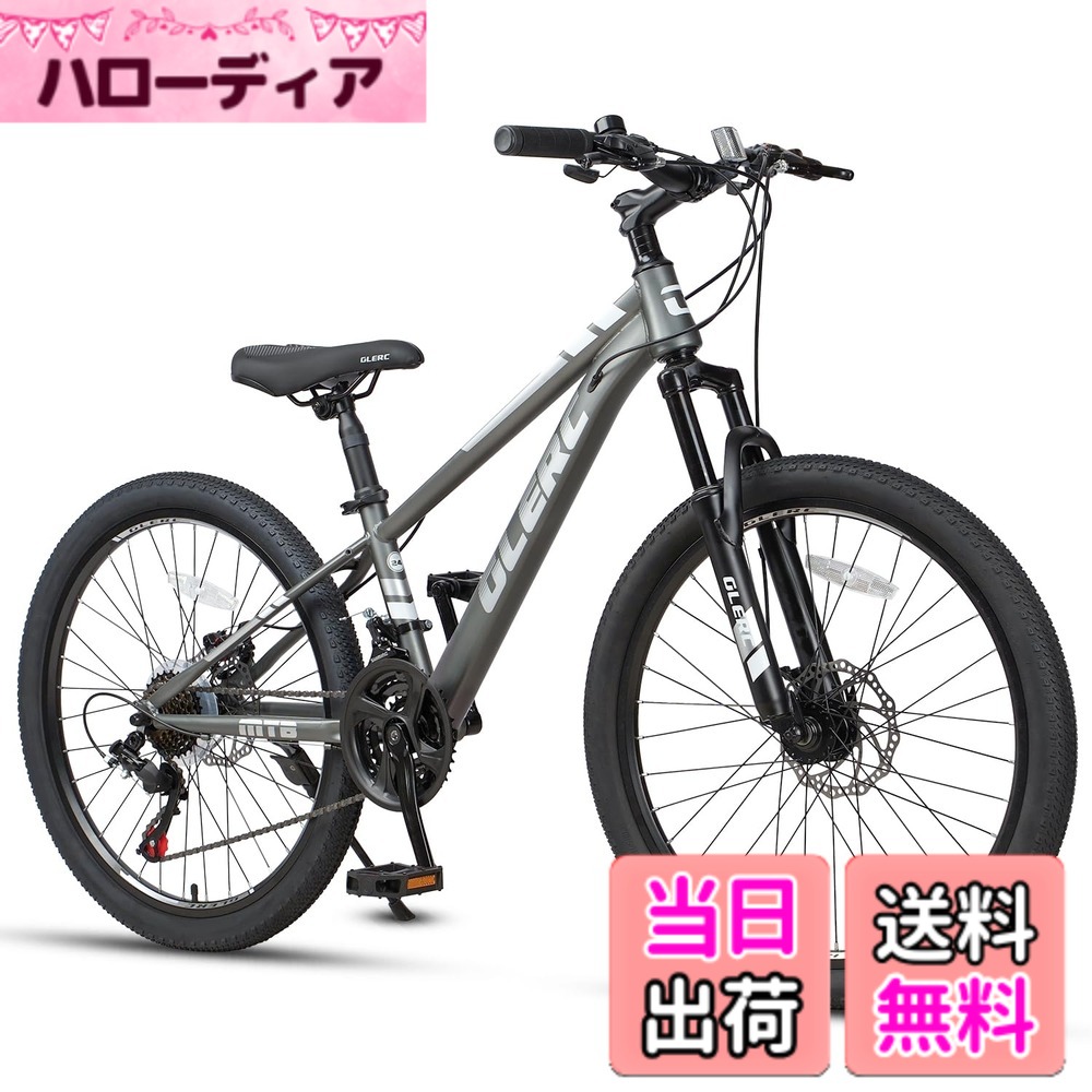 【送料無料】Glerc（グレーク）Sky Line 子ども用マウンテンバイクMTB 20インチ・24インチ・26インチ オンロードオフロード 21段変速 衝撃吸収フロントサスペンション 前後ディスクブレーキ ブロックタイヤ 高さ調整可能柔らかいサドル 色：シルバー、サイズ：24インチ｜ハローディア店