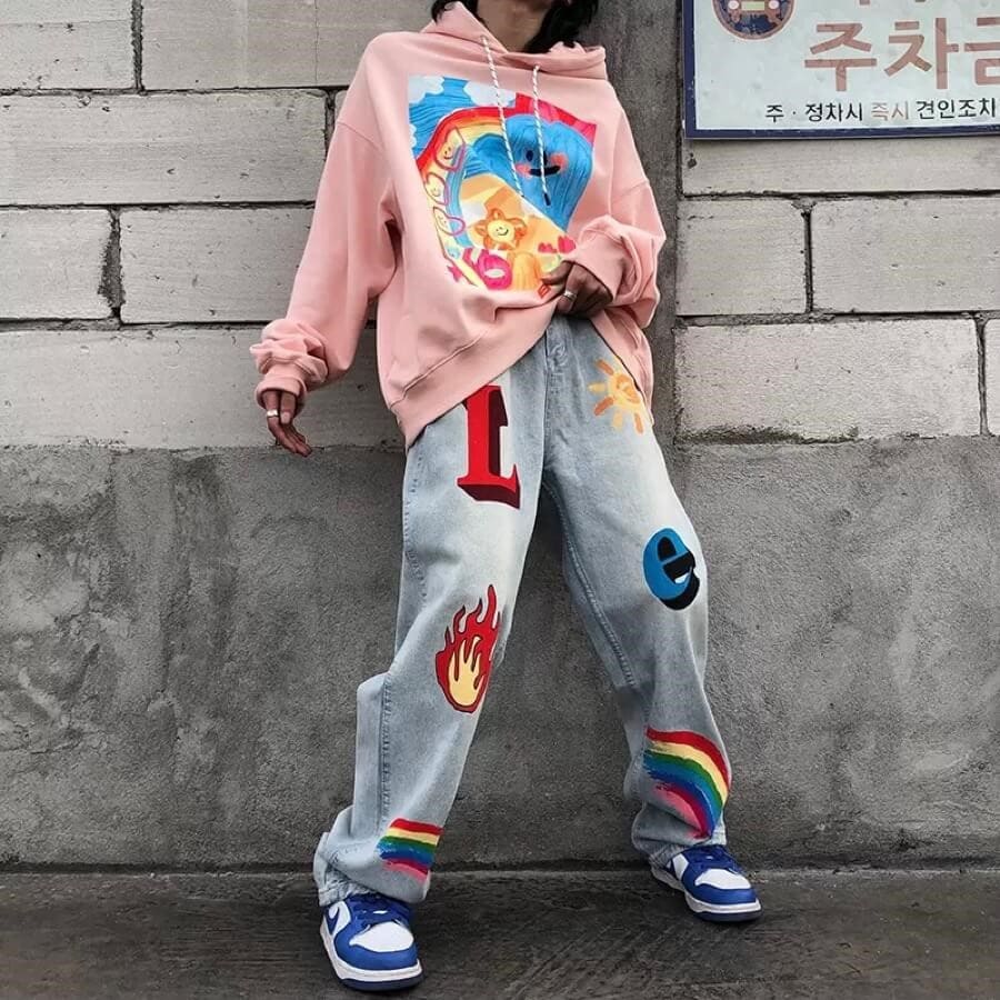デニム ストリート レインボー柄 ワイドパンツ カラフル 韓国 高校生 中学生 10代 代 ファッション Francophile Dk