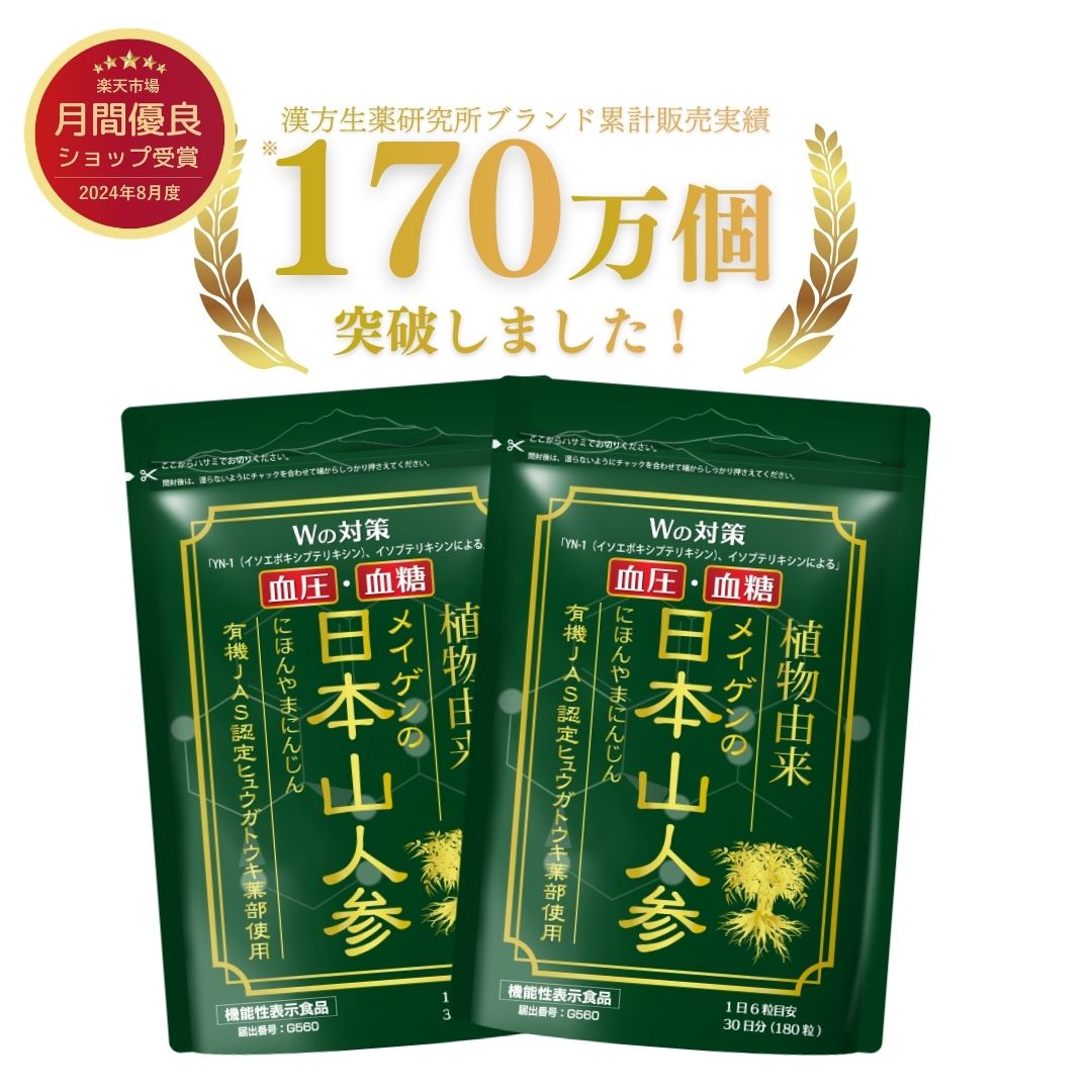 ＼マラソンP最大19倍＆7%OFFクーポンあり／ブランド累計170万袋突破 血圧 血糖値 を下げる サプリメント 機能性表示食品 日本山人参 2袋 360粒 / 宮崎県栽培 カルシウム マグネシウム マンガン リン 亜鉛 有機JAS ヒュウガトウキ 高血圧 ダイエット