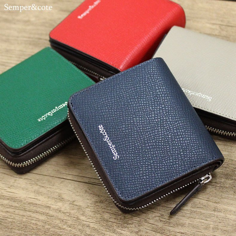 Sempercote 本革 レザー シンプル 牛革 ラウンドファスナー コンパクト 二つ折り財布 財布 箔押し