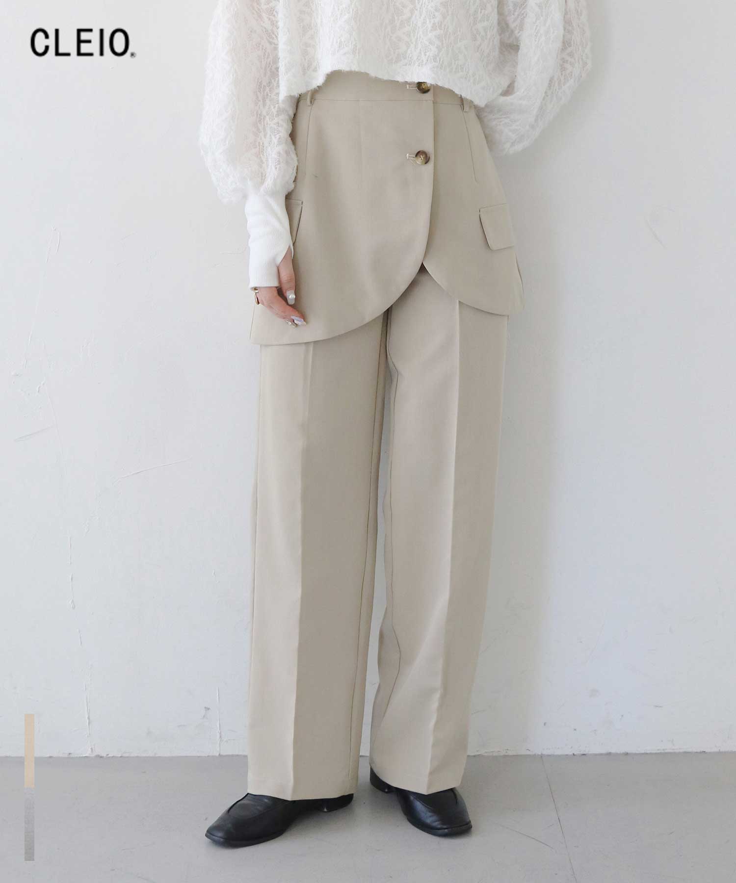 スカートドッキングパンツ ボトムス パンツ スカパン スカートレイヤードパンツ レイヤードパンツ ラップスカート ストレート センタープレス レディース 秋冬 オールシーズン おしゃれ きれいめ 大人可愛い かわいい 淡色 上品フェミニン