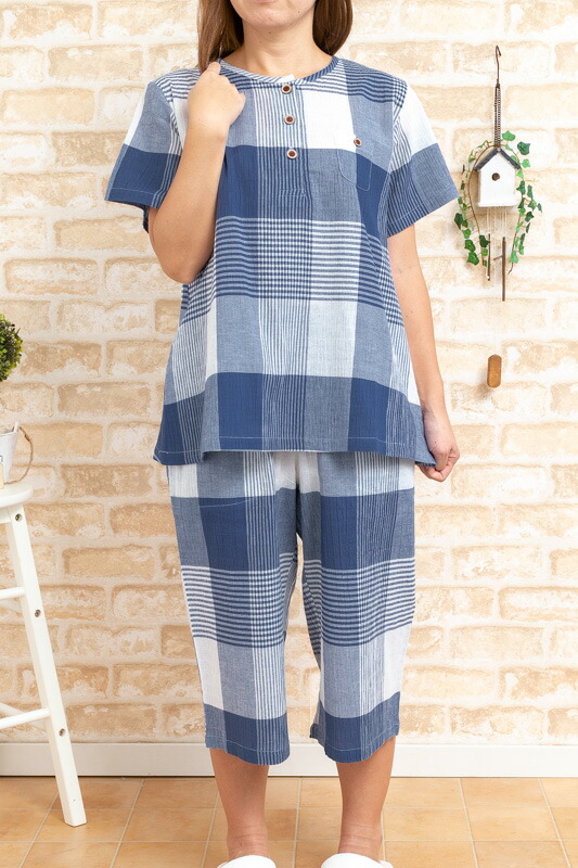 楽天市場 メール便可 綿100 サラサラして涼しいレディースパジャマ夏 半開き 半袖 7分丈パンツ 半袖パジャマ 盛夏向き商品 女性用ナイトウェア ルームウェア 部屋着の時間